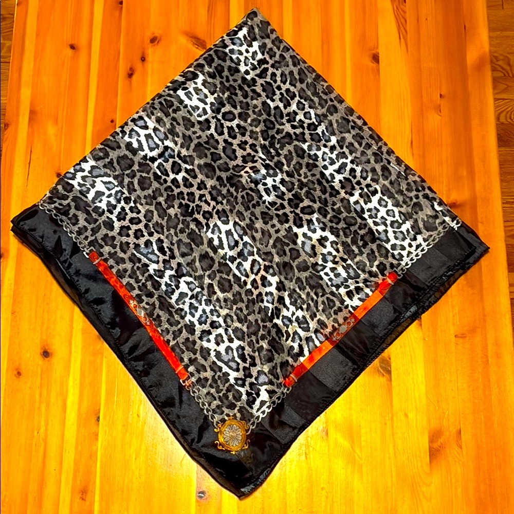 Black and Brown Leopard Print Scarf with Slippery Silky Texture